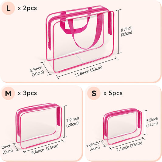 TISRATOK 10 PCS Clear Travel Makeup Toiletry Bag, Plastic PVC Cosmetic TSA Approved Organizer Kit with Zipper Handbag(Rose Red)