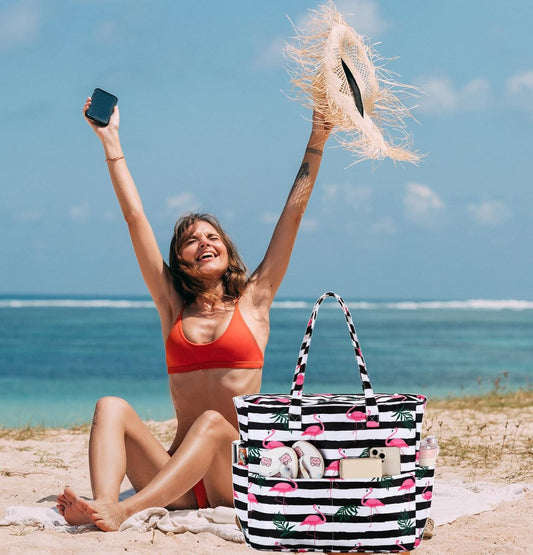 LEDAOU Large Beach Tote Bag Women Waterproof Sandproof Zipper Beach Tote Bag for Pool Gym Grocery Travel with Wet Pocket