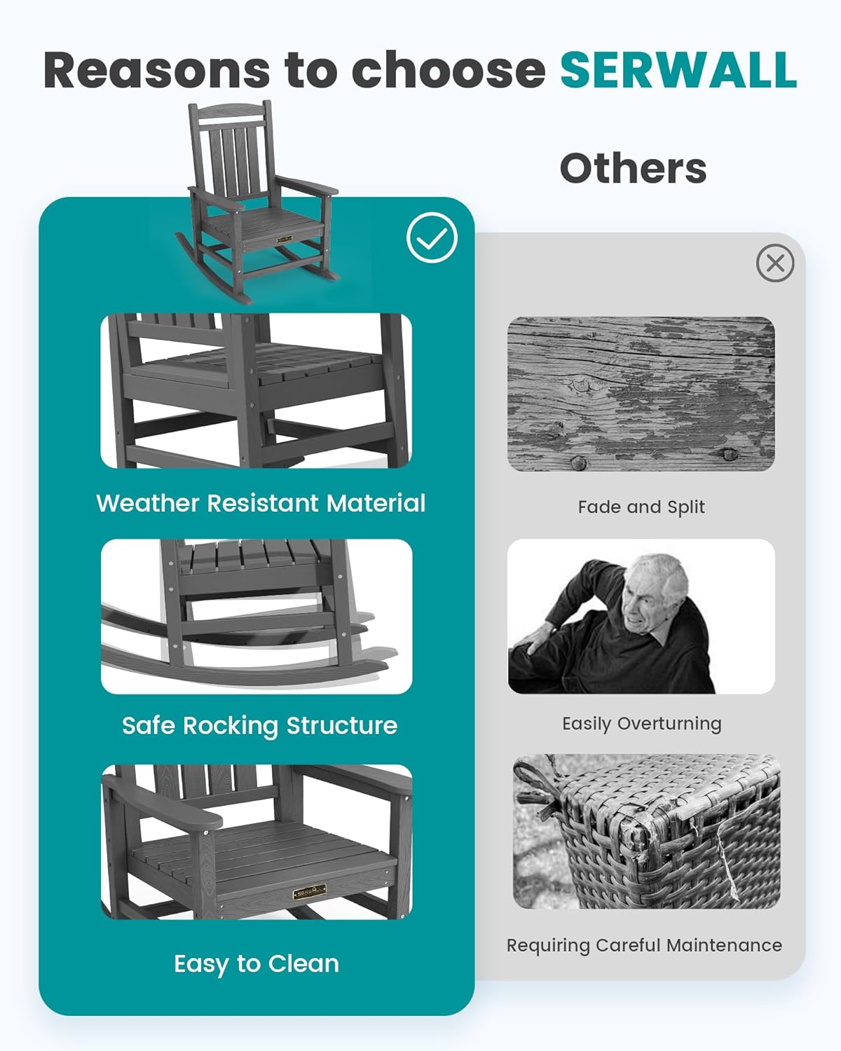 SERWALL Outdoor Rocking Chair Set of 2, HDPE Patio Rocking Chair All-Weather Porch Rocker for Balcony, Yard, Gray