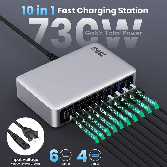 730W USB C Charger Block,10-Ports GaN V Fast Charging Station Hub,QC4.0+3 PD 100W Laptop Charger Wall Power Adapter for MacBook Pro/Air,DELL,iPhone 17/16/15/14,iPad,Galaxy S25,Pixel,Steam Desk-Silver