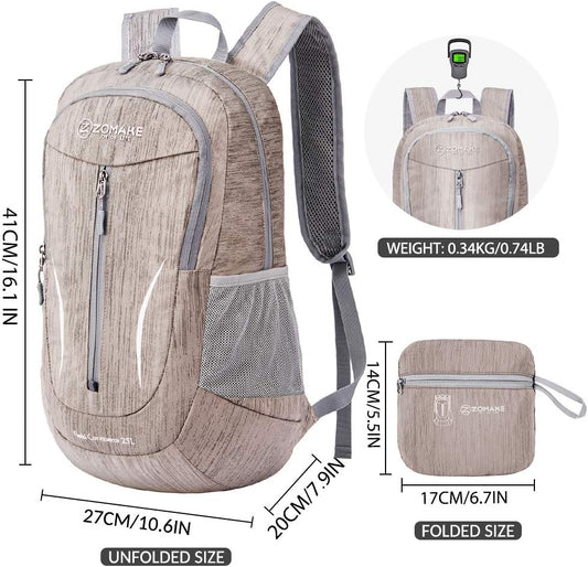 ZOMAKE 25L Ultra Lightweight Packable Backpack, Foldable Hiking Backpacks Water Resistant Small Folding Daypack for Travel(Light Gray)