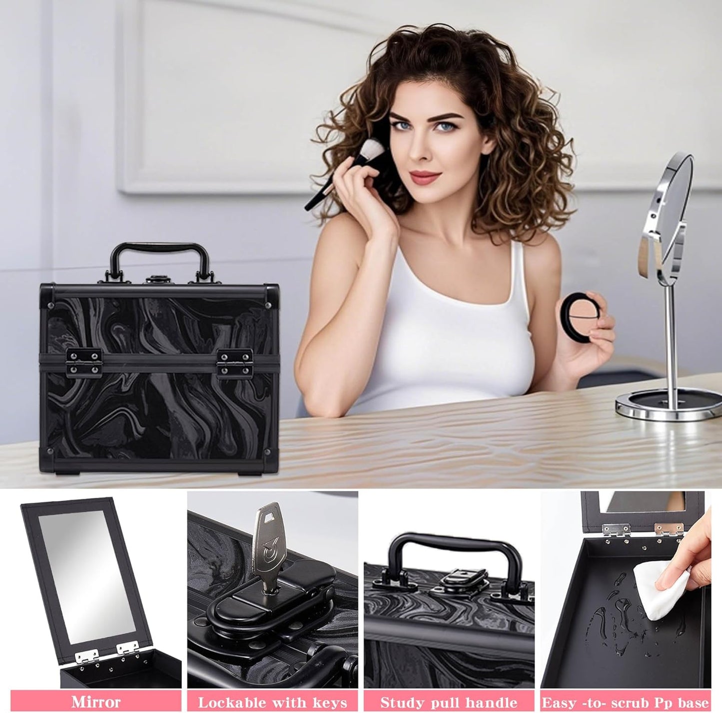 Makeup Train Case, Portable Makeup Case with Mirror, 2-Trays Cosmetic Organizer Case,Nail Polish Organizer, Travel Makeup Box, Profesional for Salon Barber, Pattern Black