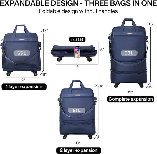 Hanke Suitcases with Wheels Expandable Foldable Luggage Bag Suitcase Collapsible Rolling Travel Bag Duffel Bag for Men Women Lightweight Suitcases without Telescoping Handle, Blue