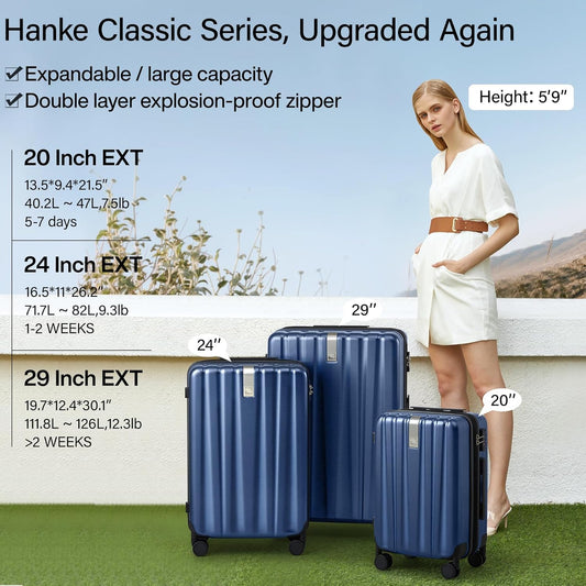 Hanke 24 Inch Expandable Checked Luggage Lightweight PC Hard Case Luggage Suitcases with Wheels Travel Luggage Rolling Large Suitcase Travel Luggage Bag for Go to University.(Dark Blue)