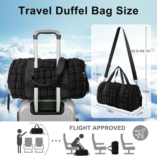 Quilted Travel Duffle Bag Gym Bag for Women,Large Puffer Duffle Weekender Bag with Compartment,Workout Overnight Carry on Organizer Bag Duffle Bag for Airplane Travel(Black)