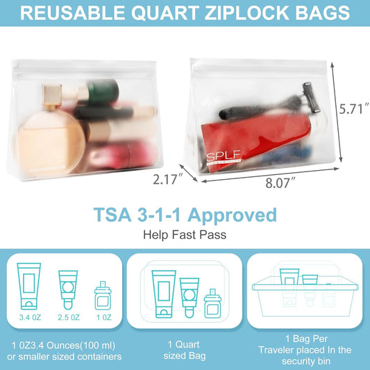 SPLF 3 Pack Leakproof Clear Toiletry bags, TSA Approved Quart Size Zipper Bags, BPA Free Travel Makeup Cosmetic Bags for Women Men, Carry on Airport Airline Compliant Bags-White