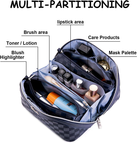 Travel Makeup Bag Organizer Cosmetic Bag: 3 Pcs Set Make up Bags for Women with Handle - Waterproof Vegan Leather Toiletry Bags with Comparments (C-12-Dark Blue)