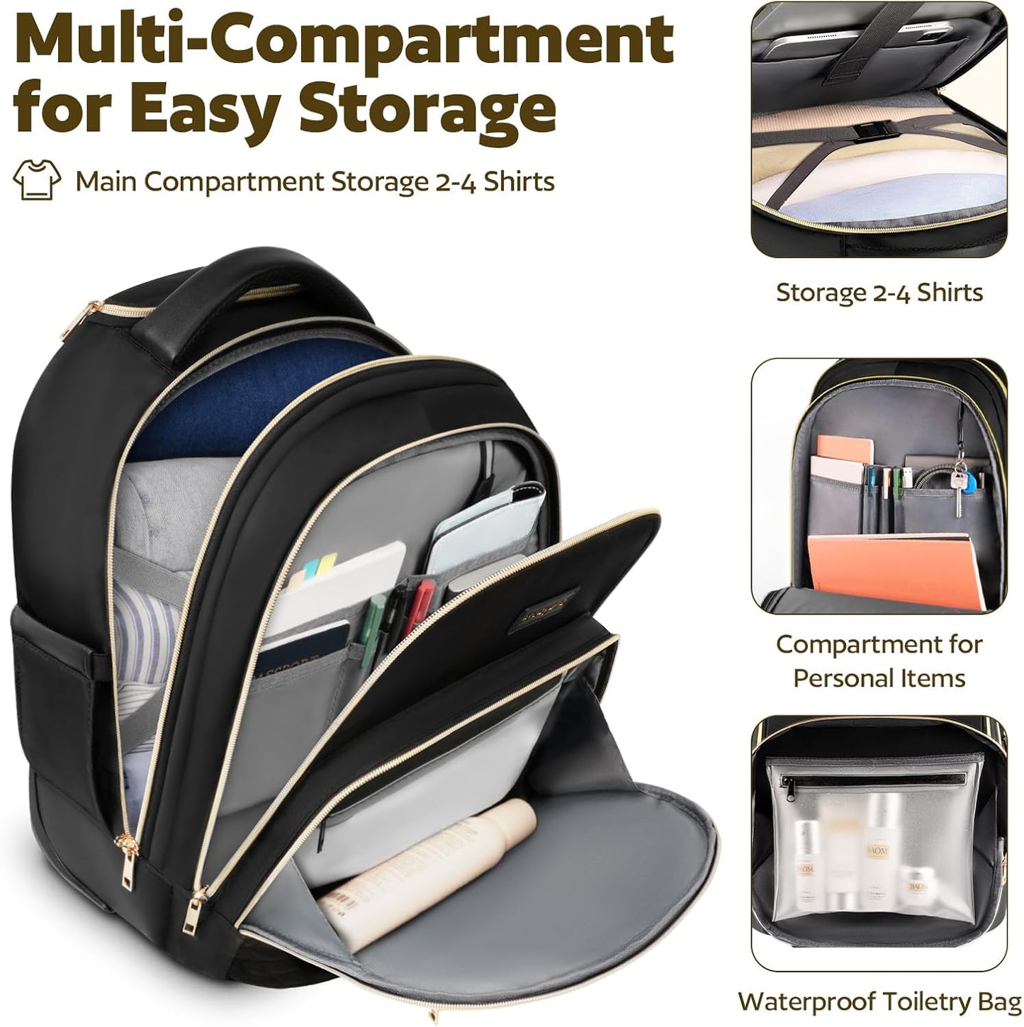 Small Rolling Backpack for Women, Lightweight Travel Backpack with Wheels, Roller Backpack for Adults, Water Resistant Rolling Laptop Bag, Wheeled Underseat Carry On Luggage, Black Gold