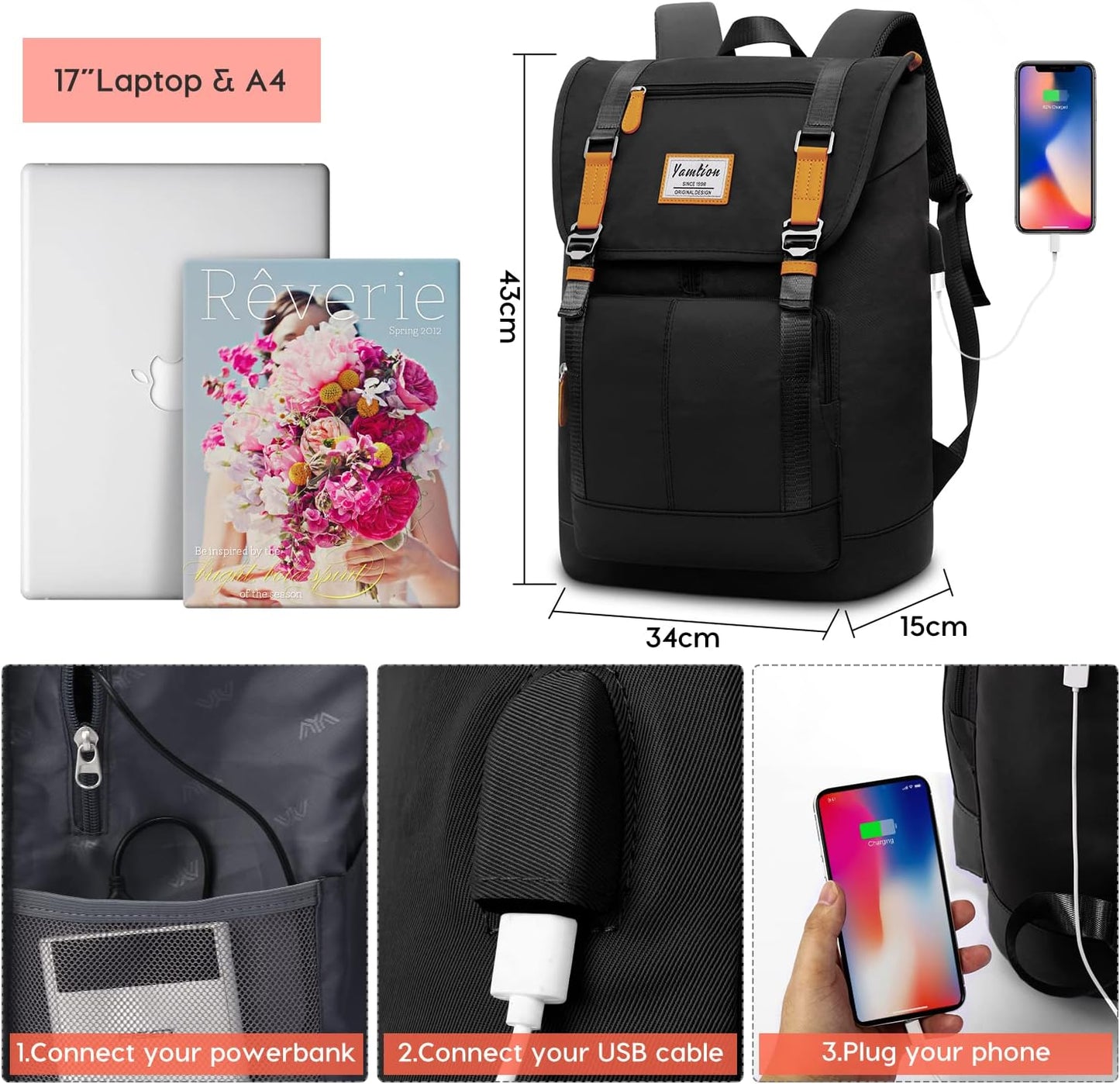 17" Laptop Backpack College Bookbag High School Backpack for Girls & Boys Teenagers,Backpack Business Laptop Knapsack with USB Charging Port for Women & Men