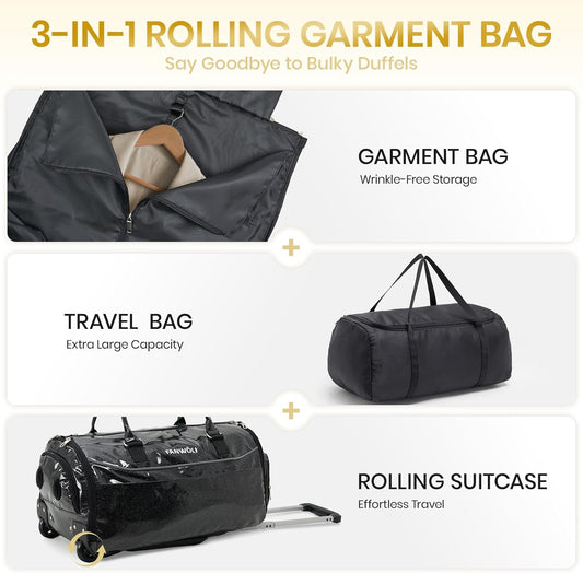 3-in-1 Rolling Garment Bags for Travel, Glitter Wheeled Carry-On Suit Luggage with Shoe Storage & Detachable Bag, Convertible Duffel Bag for Men Women Business Trips Weekender, Wrinkle-Free (Black)