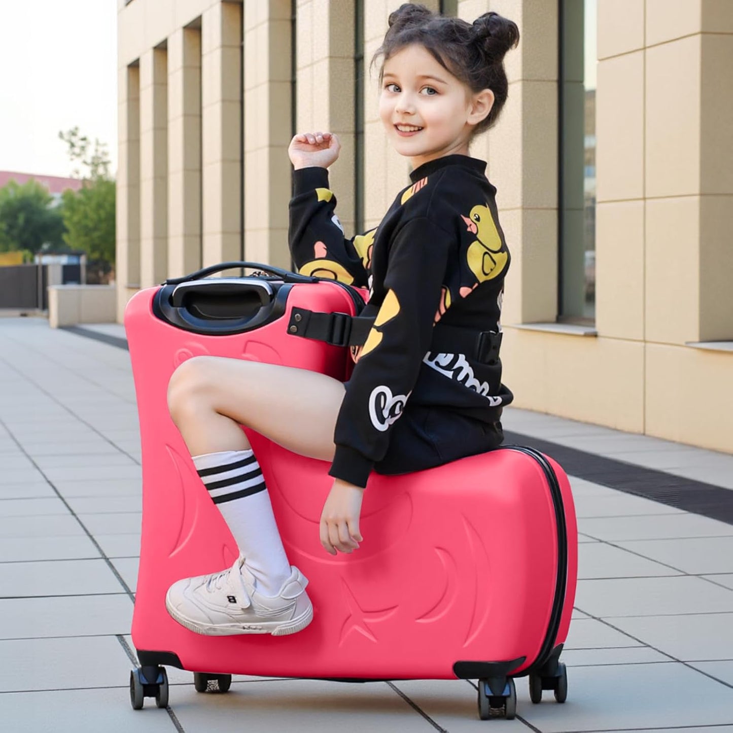 Ride on Hard Shell Kids Luggage with 4 Spinner Wheels for Girls and Boys, Rolling Childrens Travel Suitcase with Seat and Safety Belt for Toddler Ages 6-12, Checked size 25 Inch, Red