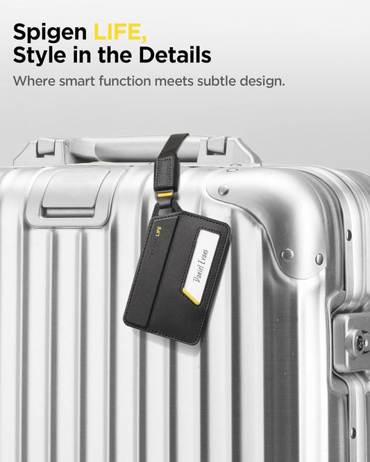 Spigen Life Luggage Tags Premium Velo Vegan Leather ID Label for Suitecase Travel Bag Accessories with Magnetic Closure Privacy Protection Design Durable Strap - Black (2 Pack)