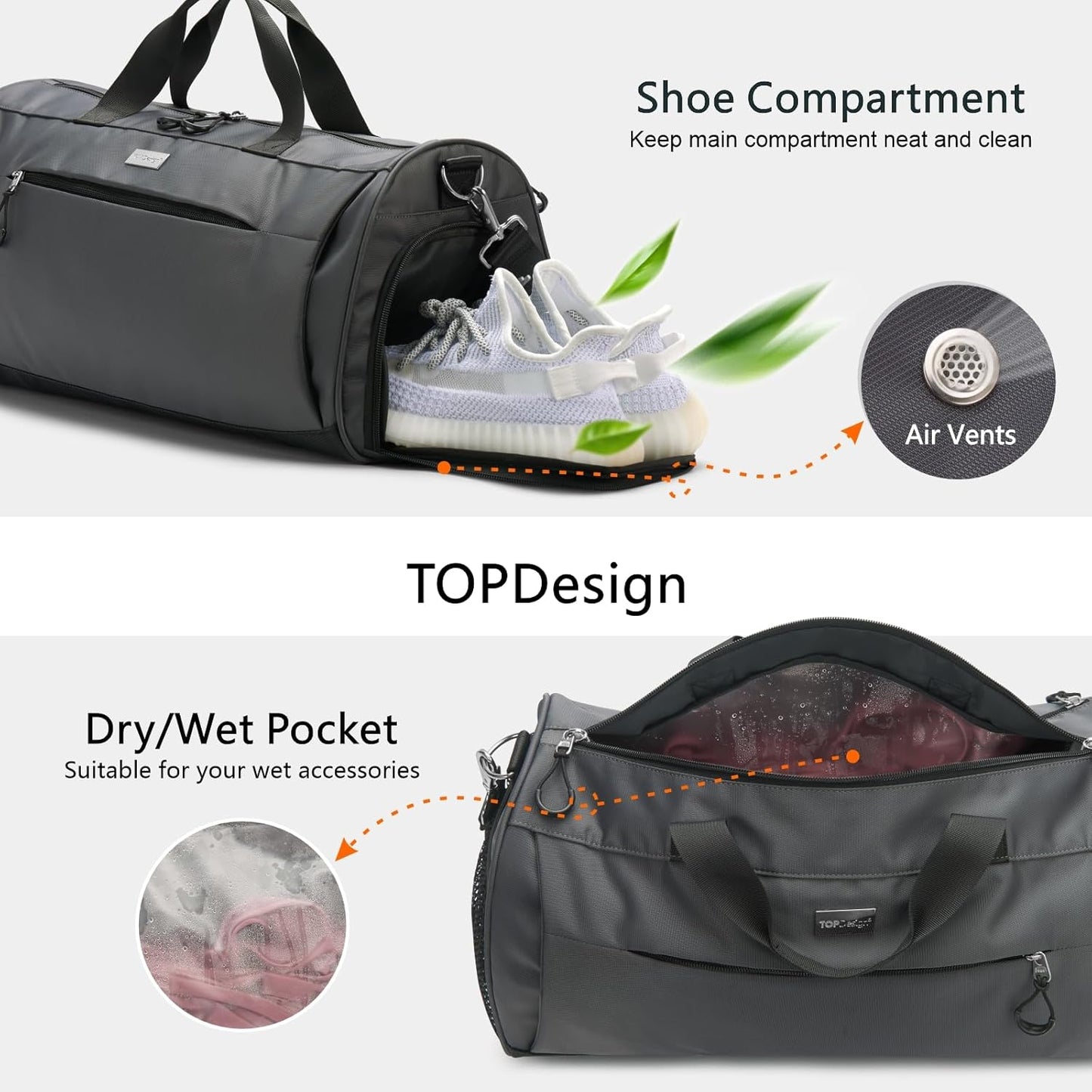 TOPDesign Gym Bag for Women & Men, Unisex Duffel Bag with Shoe Compartment & Wet Pocket for Travel Sports Gym (M Grey)