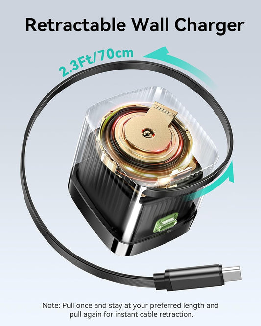 65W Retractable Wall Charger, PD Fast USB C Charger Block with Retractable Type C Cable, Travel Fast Charging Adapter with Foldable Plug for iPhone 16/15, MacBook Pro, iPad, Galaxy, and More