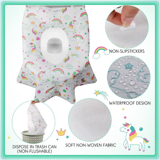 50 Packs Disposable Toilet Seat Covers Extra Large Individually Wrapped for Kids and Adults, Portable Non Slip Waterproof Potty Seat Covers for Toddlers Potty Training, Travel (Unicorn)