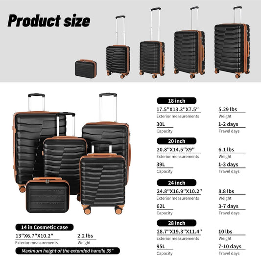 5-Piece Luggage Set, Lightweight ABS+PC Hard Shell Suitcase with YKK Zipper & TSA Lock for Family, Black Brown, 14in/18in/20in/24in/28in