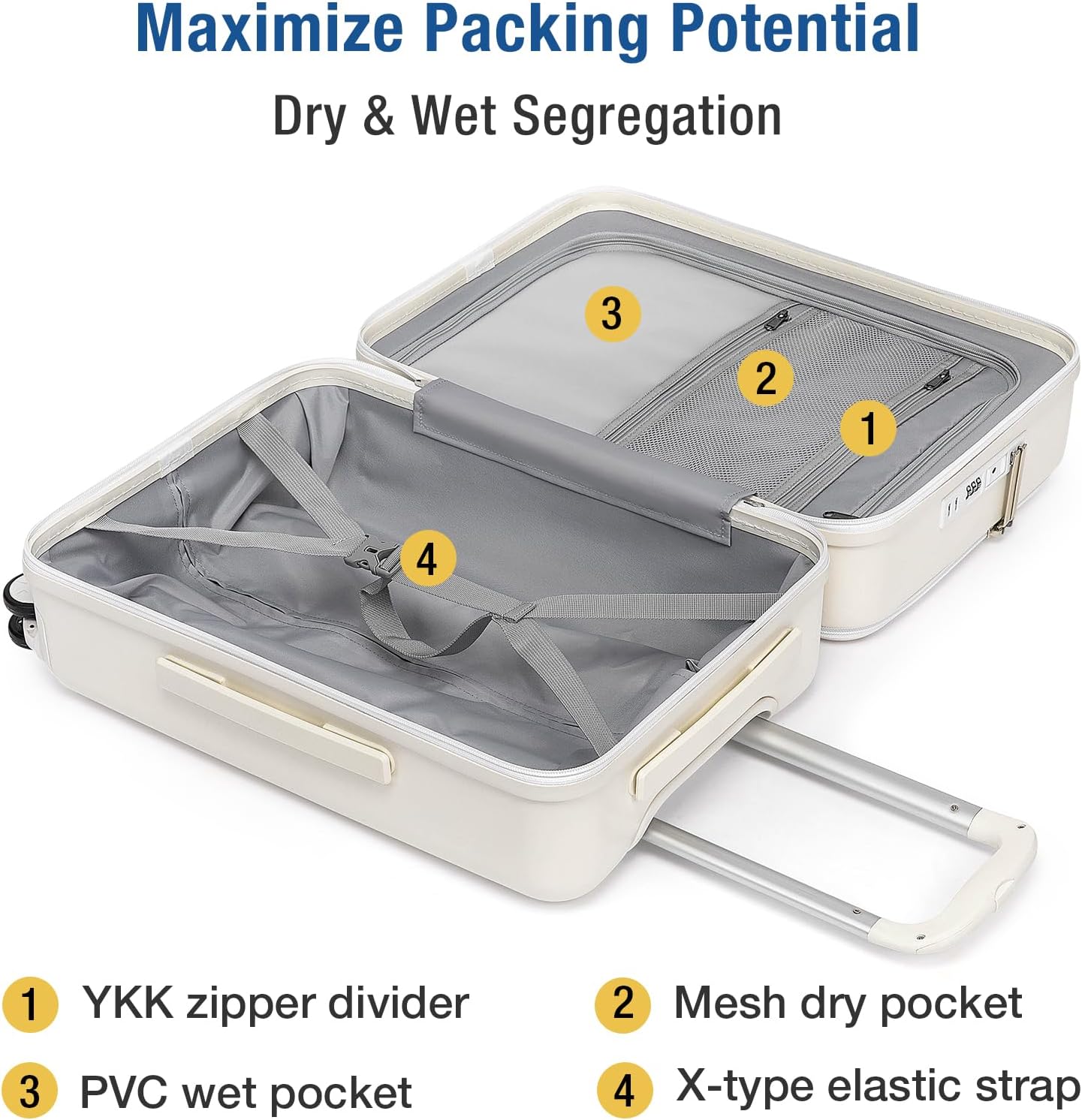KYME 22-Inch Hardside Small Suitcase, 100% PC Hard Shell with Laptop Compartment, TSA Lock, Double Wheels for Men & Women, White