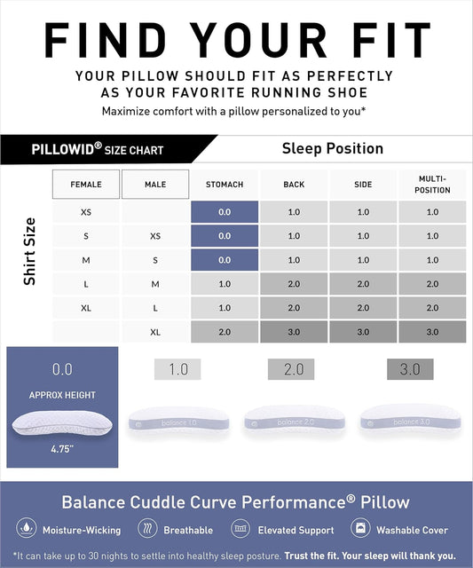 Bedgear Balance Cuddle Curve Performance Pillow - Size 0.0 - Moisture-Wicking Pillow for Side Sleepers - Medium Firmness Bed Pillow- Hypoallergenic, Washable Removable Cover - 20" W x 26" L x 4.75" H