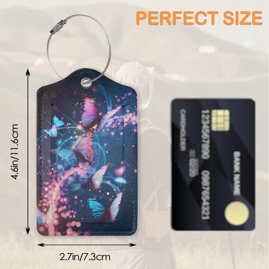 Dream Starlight Butterfly 3 Pack Luggage Tags for Suitcases, Colorful Butterfly PU Leather Luggage Tag for Travel, Bag Tags with Privacy Name ID Card and Steel Loop for Women Men