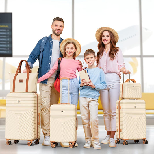 Hoteel 6 Piece Luggage Set (4-YEAR WARRANTY) with Spinner Wheels & TSA Lock, Carry on Luggage Hardshell ABS+PC, Travel Collection Suitcases Sets, Beige(13/20/24/28",Travel Bag,Cosmetic Bag)