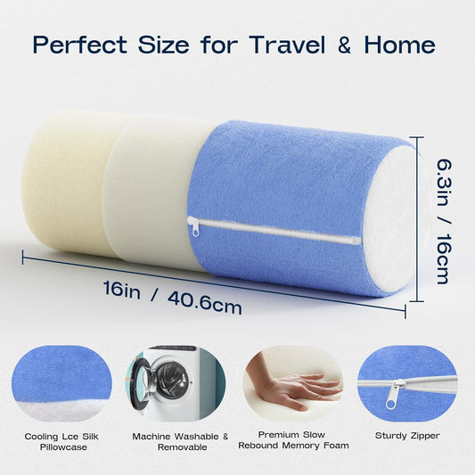 Neck Roll Cervical Pillow for Neck Pain Relief - Memory Foam Neck Pillow for Bed, Round Neck Pillows for Sleeping, 16 * 6.3 * 6.3inch (Blue-White)