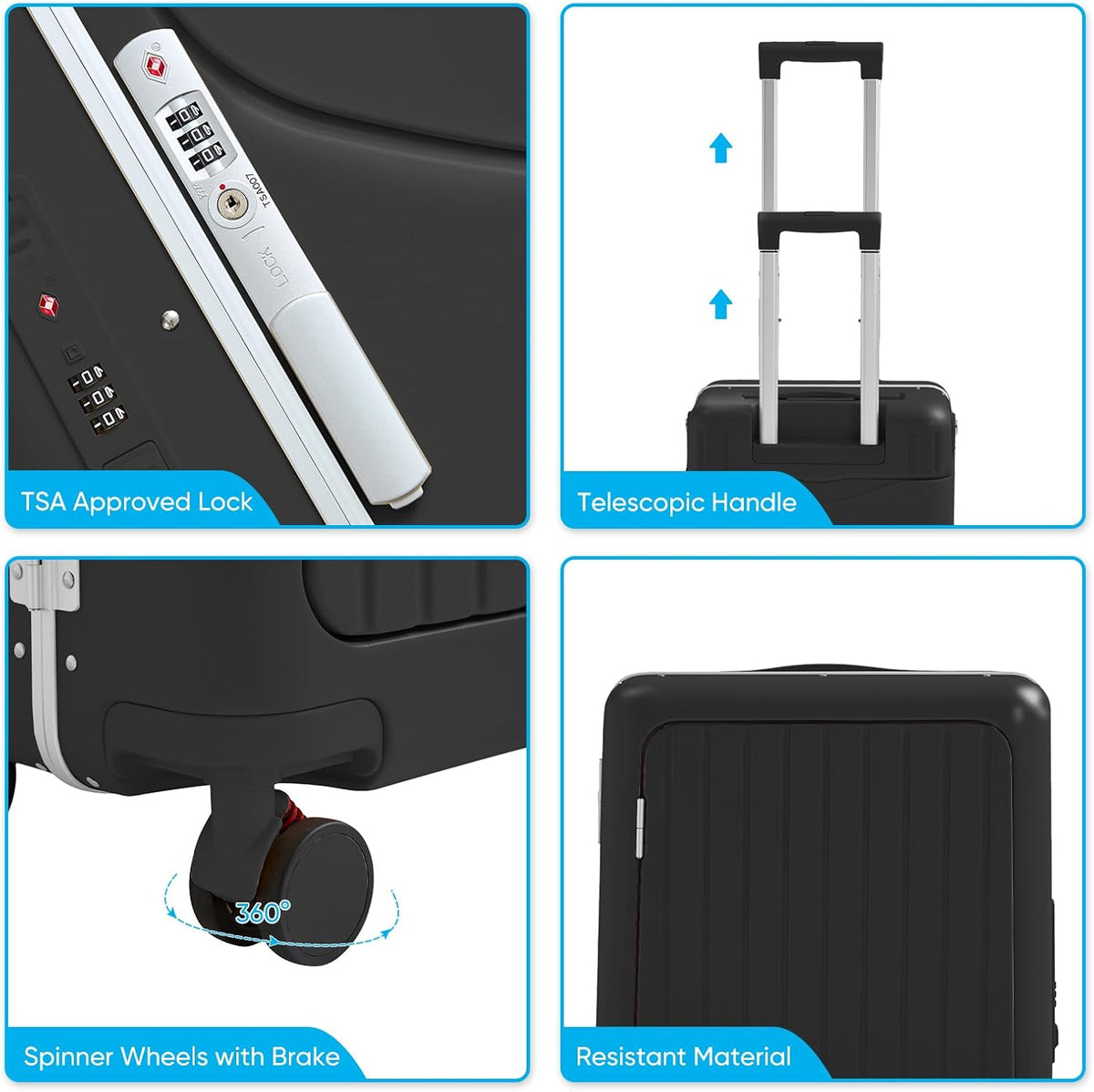 TABU 20" Ride-on Luggage with Seat,Front Opening Carry-On Hardshell Ride On Suitcase with Built-in Charging Port, 360° Lockable Spinner and TSA Lock, for Kids & Adults, Black
