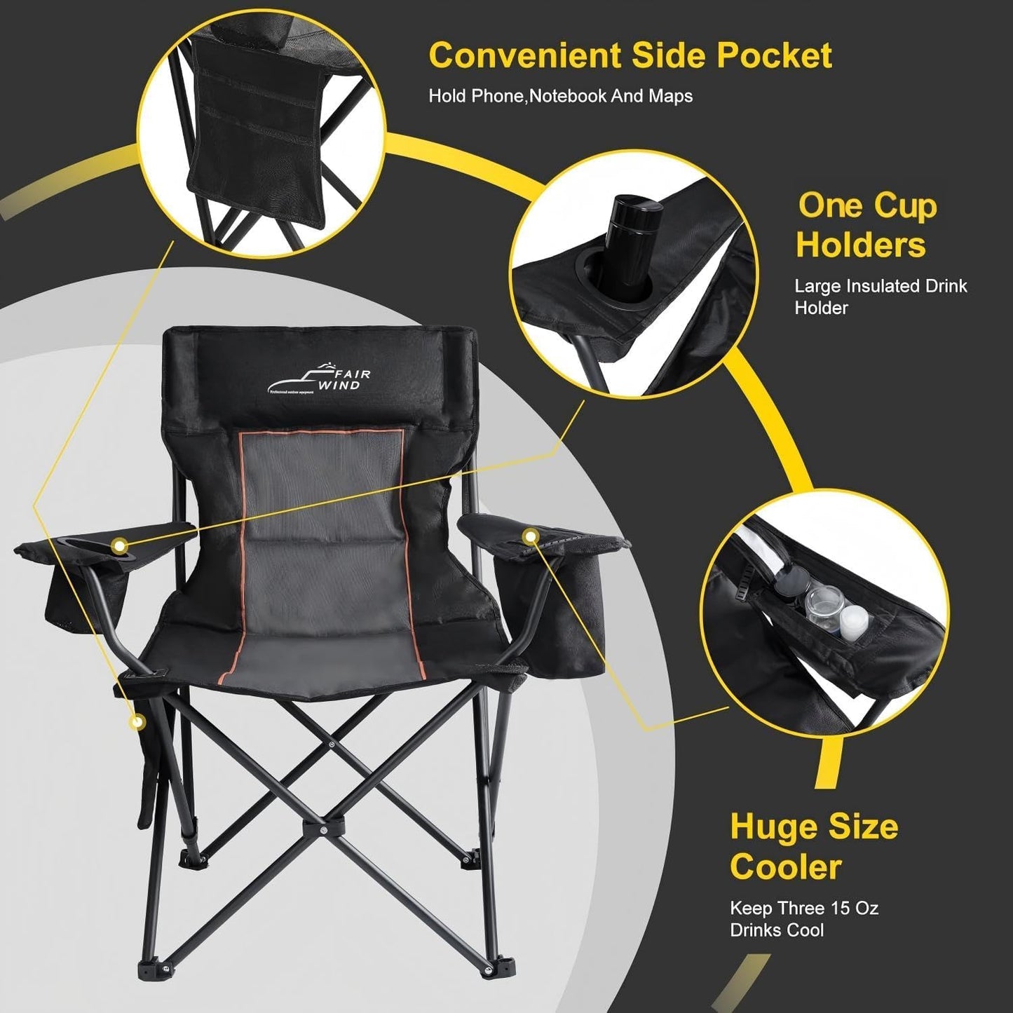 FAIR WIND Oversized Padded Camping Chair with Footrest Stool Set Heavy Duty Support 300 LBS Cooler Bag Chair - Black