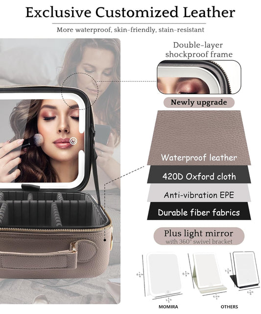 MOMIRA Travel Makeup Bag Cosmetic Bag with Lighted Mirror, Adjustable Brightness in 3 Color Scenarios/Detachable makeup mirror, All-round Upgrade, Waterproof, Gift for Women -Beige Grey