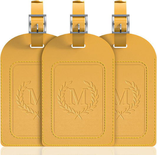 FESAS 3 Pack A-Z Alphabet Luggage Tags - Faux Leather Suitcase Tags with Privacy Cover & Replaceable Card - Initial Letter Monogram for Bags (Yellow)