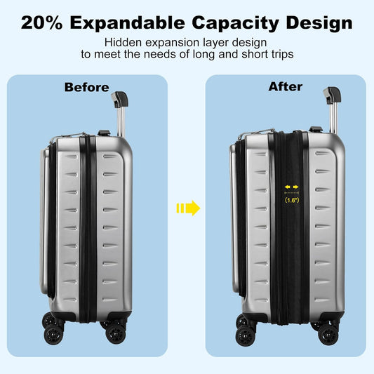 Expandable Carry On Luggage Airline Approved, 20 Inch Lightweight ABS+PC Hard Shell Suitcases with Front Pocket, Spinner Wheels, TSA Lock (Dark Gray, 1PC)