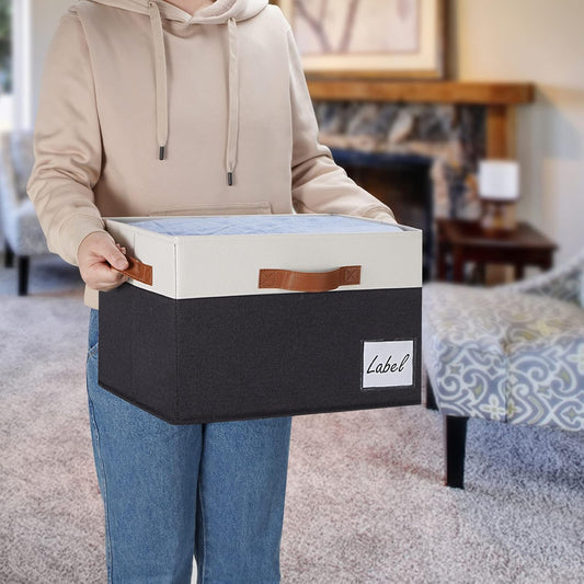 Large Storage Bins with Lids, Foldable Fabric Storage Baskets with Lids, Sturdy Storage Boxes with Labels and 3 PU Handles for Closet Home Bedroom Office (3 Packs, Black&White)