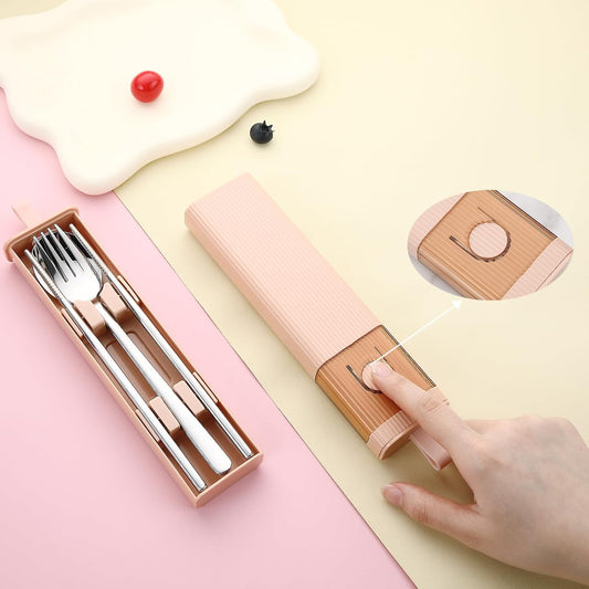 DEVICO Travel Utensils with Case, 18/8 Stainless Steel Reusable Silverware Set for Lunch Box, Portable Cutlery Set, Fork and Spoon Set for Camping, Lunch, Picnic, Workplace, School (Pink)