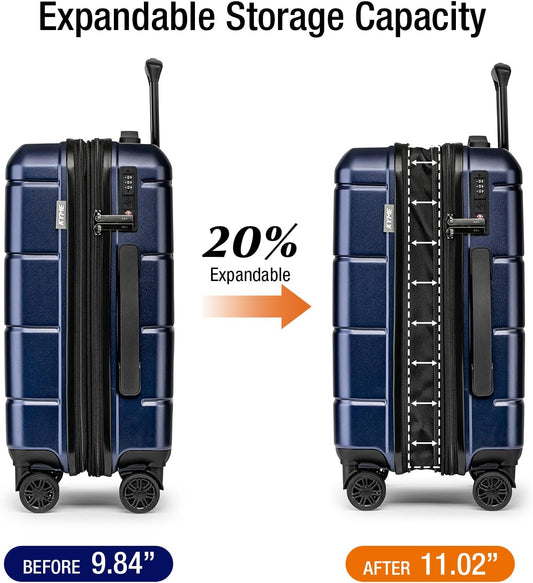 KYME Hardside Expandable Carry On Luggage 22x14x9 Airline Approved 20 Inch Hardshell Carry On Suitcase with Wheels TSA Lock Small Travel Rolling Luggage with Cup Holder for Women Men Navy