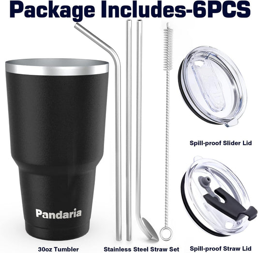 30 oz Travel Coffee Tumbler Cup, Double Wall Stainless Steel Reusable Spill Proof Tumbler with Straw, Leak Proof Insulated Tumbler with Straw for Iced Coffee, Tea & Water (Black)