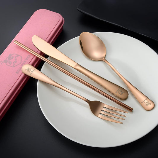 Boulder Bee Travel Utensils | Reusable Camping Cutlery | Stainless Steel Flatware | Portable Silverware Set with Case | Includes Knife/Fork/Spoon/Straw/Cleaning Cloth (Rose Gold)