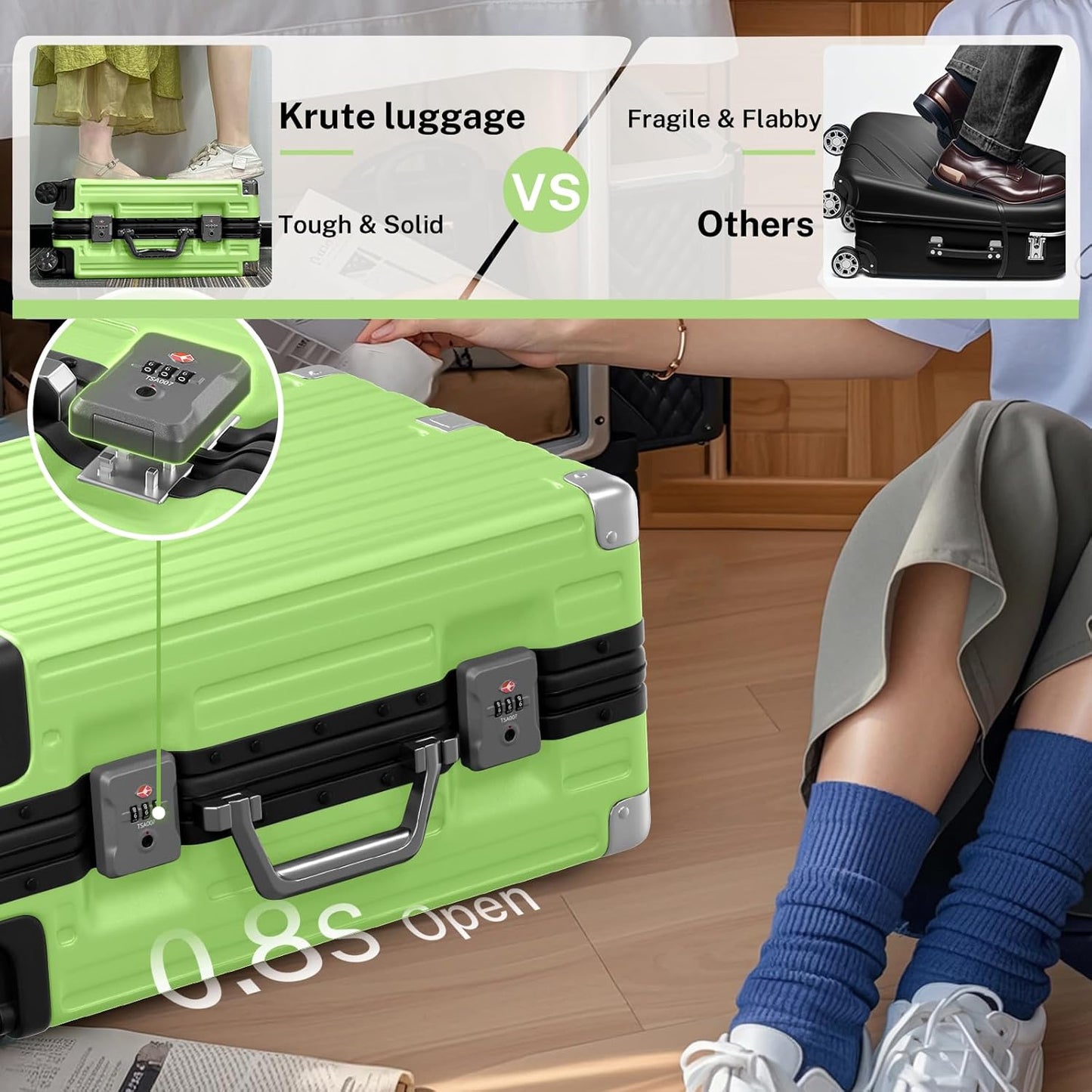 Krute Carry On Luggage 20 inch Aluminum Frame Suitcase with Spinner Wheels No Zipper Hardshell PC+ABS Luggages TSA Lock Zipperless Suitcases