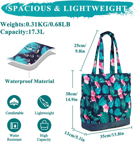 VASCHY Beach Bag for Women, Large Waterproof Sandproof Fold-able Packable Pool Tote Bag w Zipper/Pockets