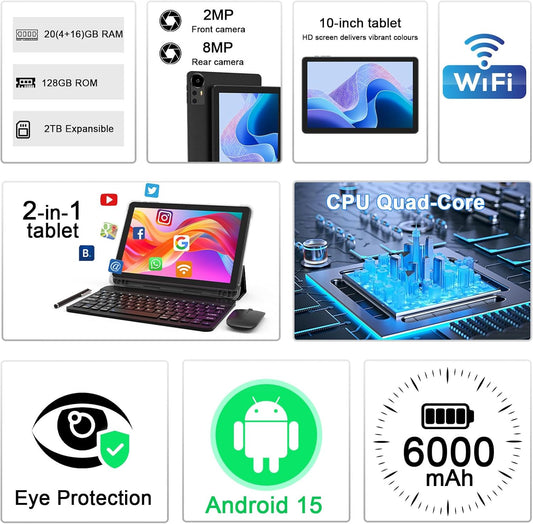 Android 15 Tablet 10 Inch, 20GB RAM+128GB ROM/2TB Expandable, 2 in 1 Tablets with Keyboard Case Mouse Stylus, 2.0GHz Quad-core Processor, 1280*800 IPS HD Screen, 5G WiFi 6 BT 5.0, 8MP Camera Tablet PC