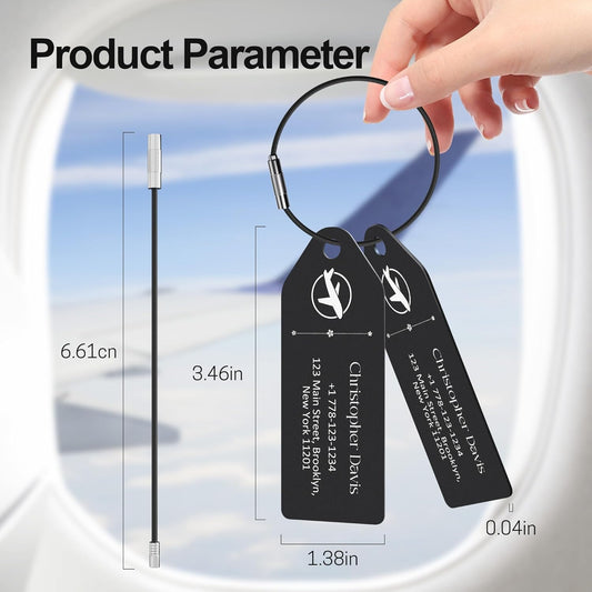 4 PCS Personalized Metal Luggage Tag – Personalized Engraved Suitcase Tag, Backpack Tag, with Matching Color Strap, Waterproof Suitcase Name Badge – Ideal Corporate Gift & Travel Accessory (Black)