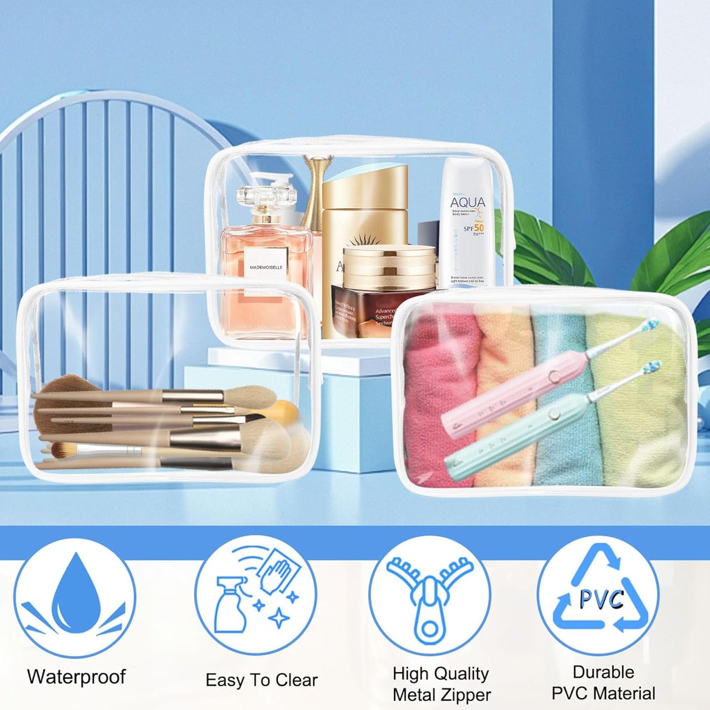 12 Pieces Clear Makeup Bags Bulk, TSA Approved Toiletry Bag for Travel, PVC Waterproof Cosmetic Bag with Zipper, Transparent Pouches Organizer Storage for Men and Women (White, Large)