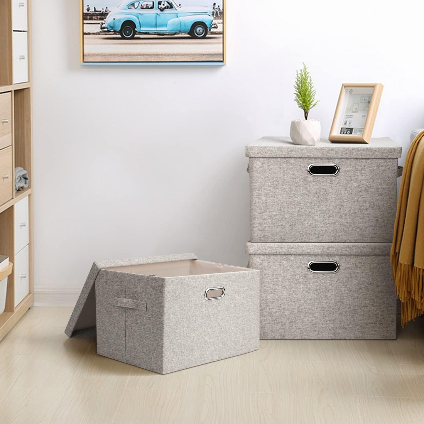 Large Quart Collapsible Stackable Storage Bins with Lids, 3 Packs Beige Linen Fabric Closet Boxes with Lids, Storage Cube Baskets Container Organizers for Bedroom Office(16.6 x 11.7 x 10.8)