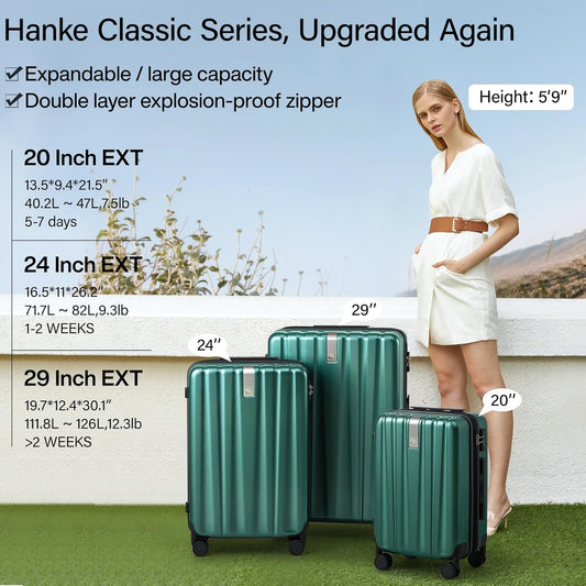 Hanke 20 Inch Expandable Carry on Luggage 22x14x9 Airline Approved Lightweight PC Hard Shell Suitcases with Wheels Travel Luggage Rolling Suitcase Travel Luggage Bag for Weekender(Blackish Green)