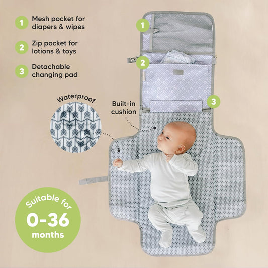 KeaBabies Portable Diaper Changing Pad - Large Waterproof Baby Changing Mat, Compact Travel Diaper Clutch, Functional Pockets Fit Newborn Essentials, Wipeable & Padded Baby Changer (Gray Mod)