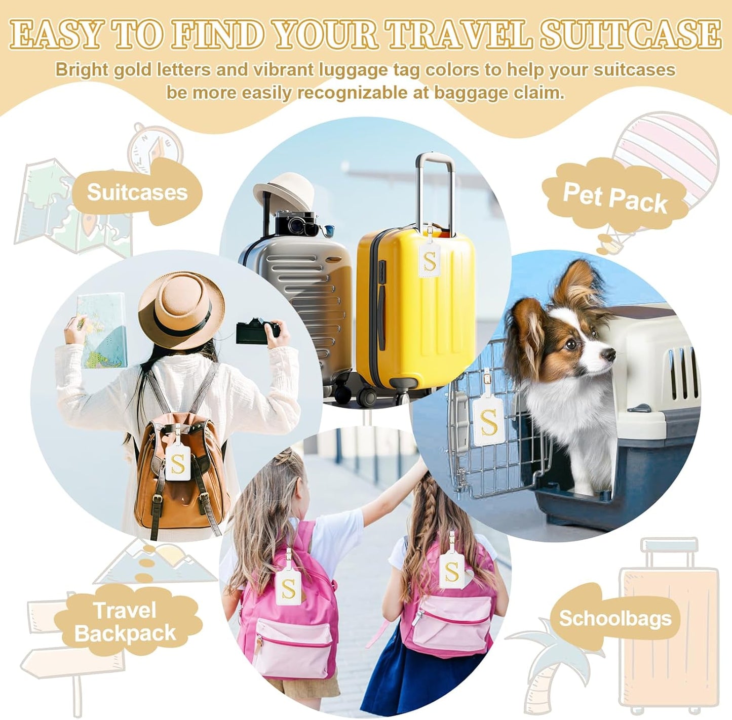 Personalized Initial Luggage Tags for Suitcase TSA Approved, White Leather Cute Luggage Tag with Privacy Cover Name Card, Embroidered Custom Luggage Tags Travel Baggage Tags Gifts for Women Kids(S)