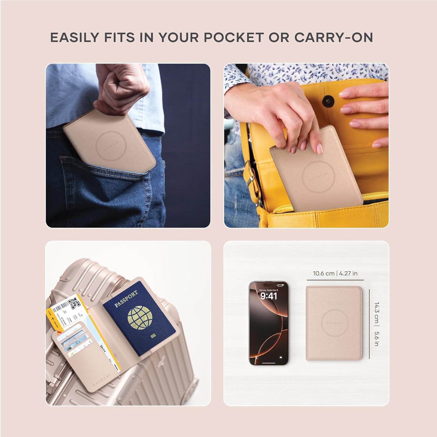 Satechi Passport Holder for Travel with Find My, Passport Cover with 4 Card Holder, Wireless Charging, and RFID protection – Travel Essential Vegan Leather Passport – Desert Rose