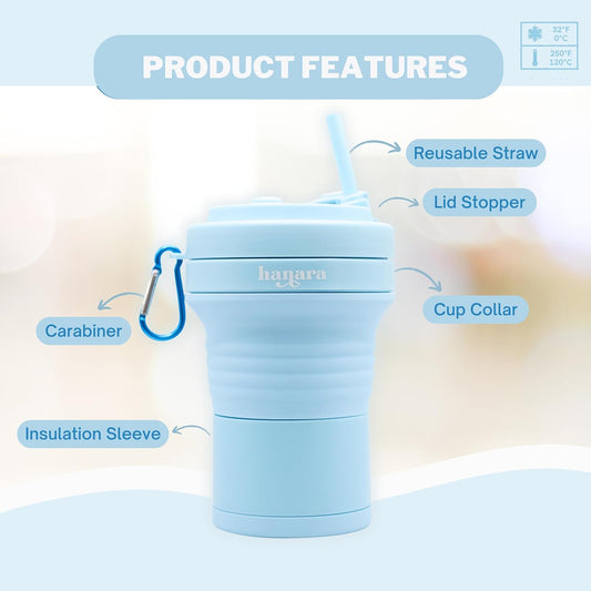HANARA Collapsible Cup with Reusable Straw – 18 Oz (550 Ml), Portable Travel Mug, BPA-Free, Leak-Proof, Microwave & Dishwasher Safe, Multi-Purpose for Hot & Cold Drinks – Sky Blue