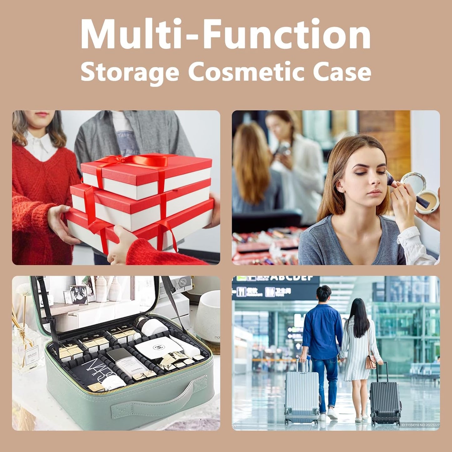 Travel Makeup Bag for Women and Makeup Artists Cosmetic Organizer Large Makeup Case,Travel Makeup Bag with Mirror 3 Color Setting,Portable Storage and Adjustable Dividers(khaki)