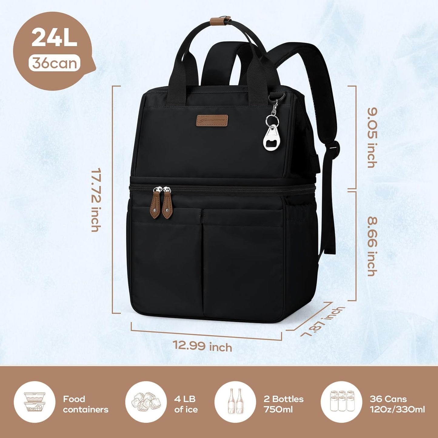 Maelstrom Cooler Backpack, 36 Cans Insulated Backpack Cooler, Soft Leakproof Double Deck Cooler Bag, Lightweight Lunch Backpack for Men & Women,Perfect for Beach Travel, Camping & Work-Black