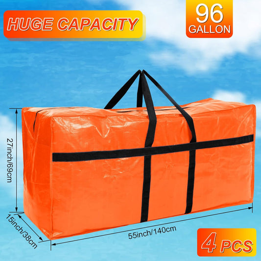 4 Pcs 96 Gallon Large Moving Bags with Zipper and Handles Foldable Storage Duffle Bags Heavy Duty Extra Large Totes for College Dorm Travel Clothes Blankets Bedding Moving (Orange)