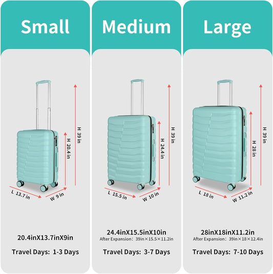 Lightweight Luggage with Spinner Wheels & YKK Zipper, 3-Piece Suitcase ABS+PC Hardside Hard Shell Luggage Set with TSA Lock, Light Mint Green (20+24+28 inch)